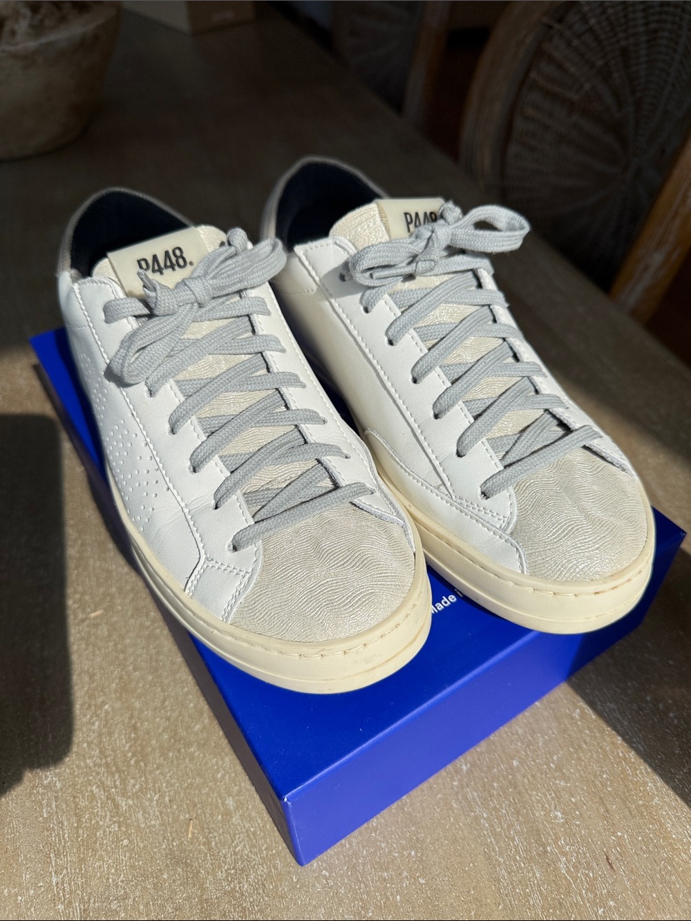 P448 Beige Low-Top Leather Sneakers with Neutral Metallic Accents